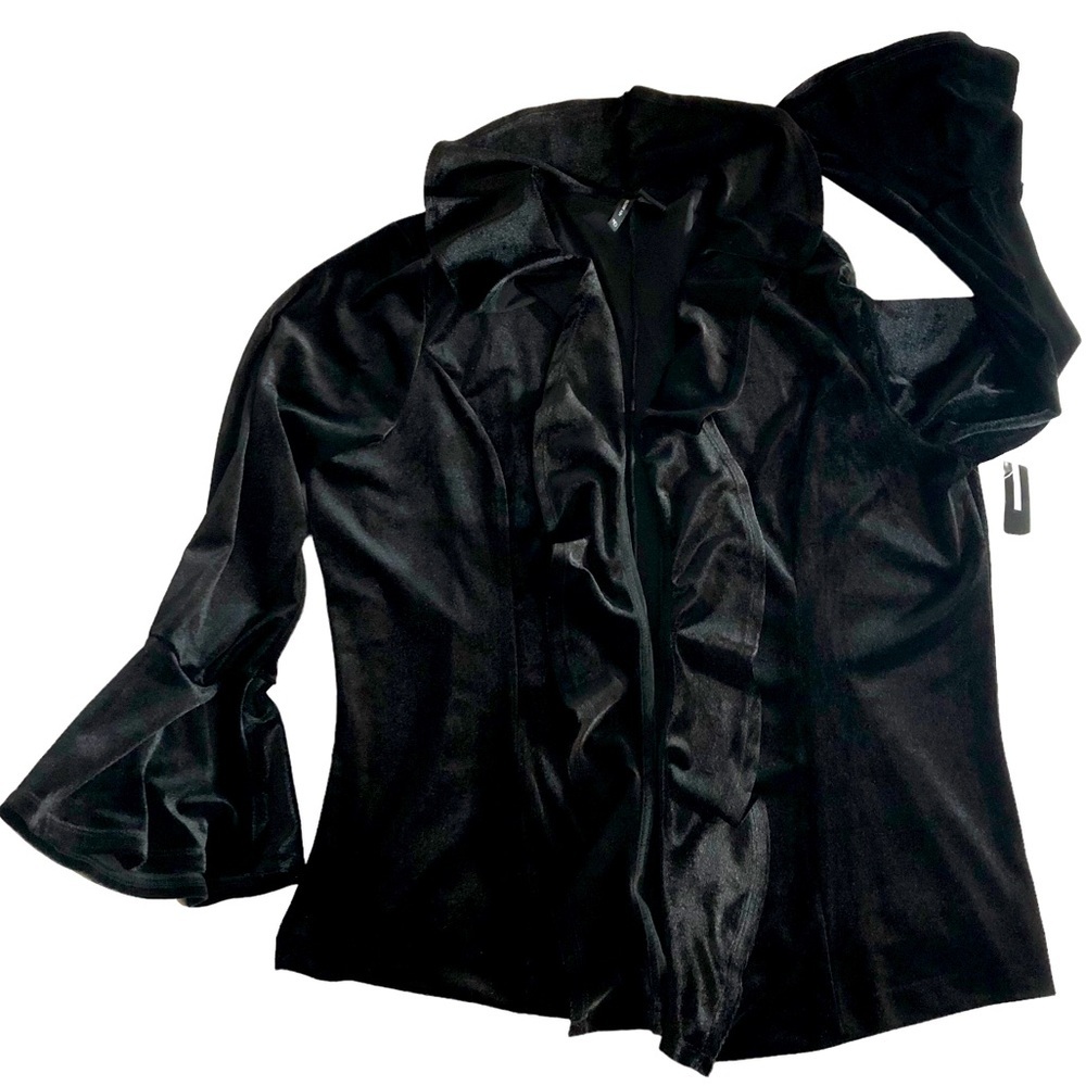 𝅺Black Bell Sleeve Ruffle Collar Faux Velvet Velour Dress Jacket Princess Seams